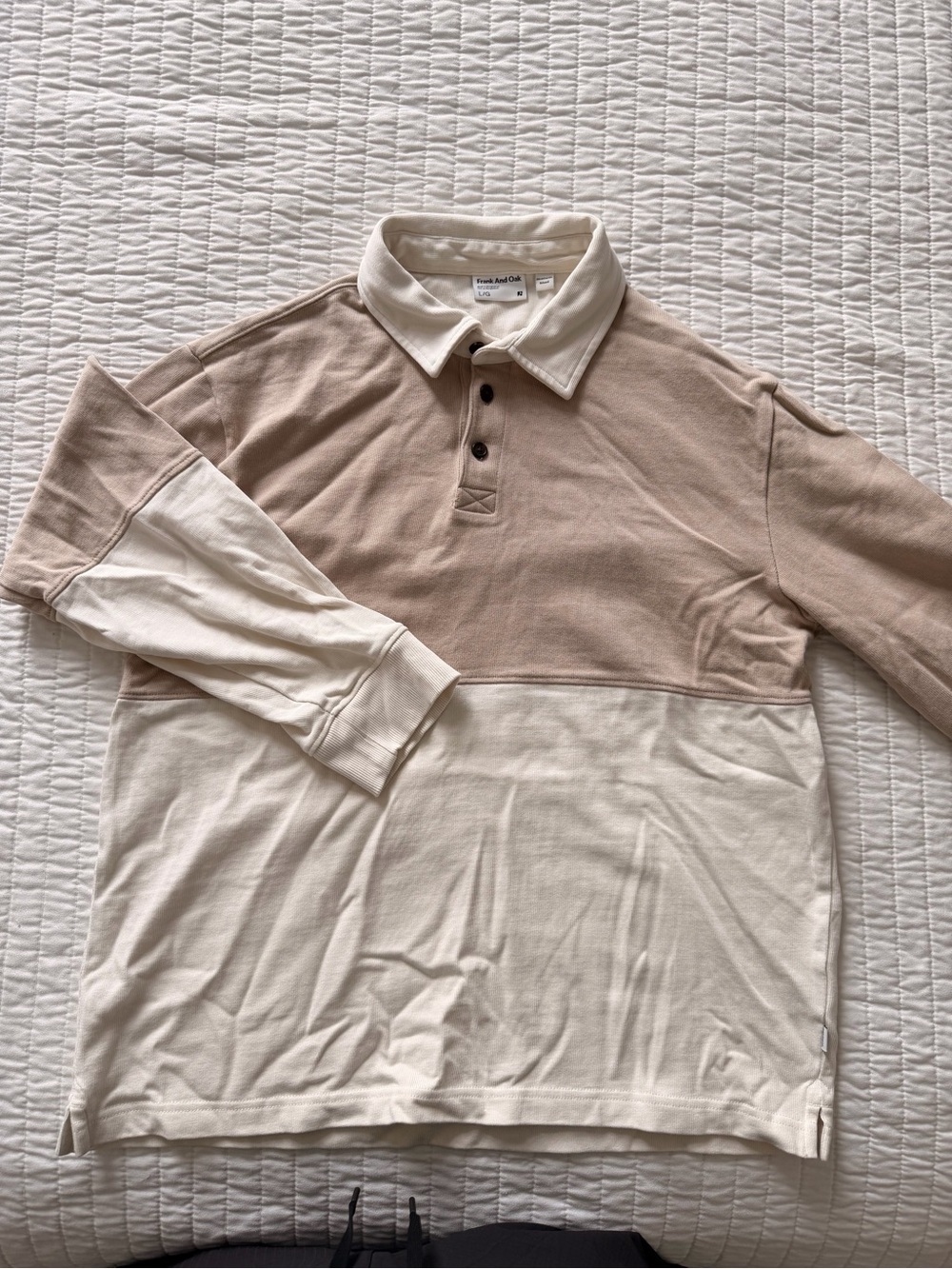 Frank & Oak Two-Tone Beige and Cream Long-Sleeve Polo